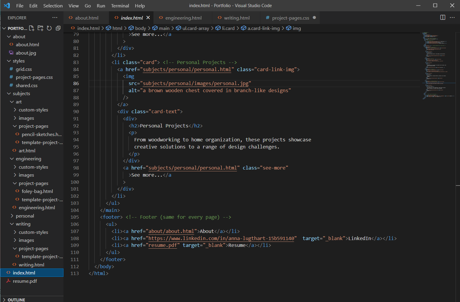 A screenshot of the landing page code for this portfolio