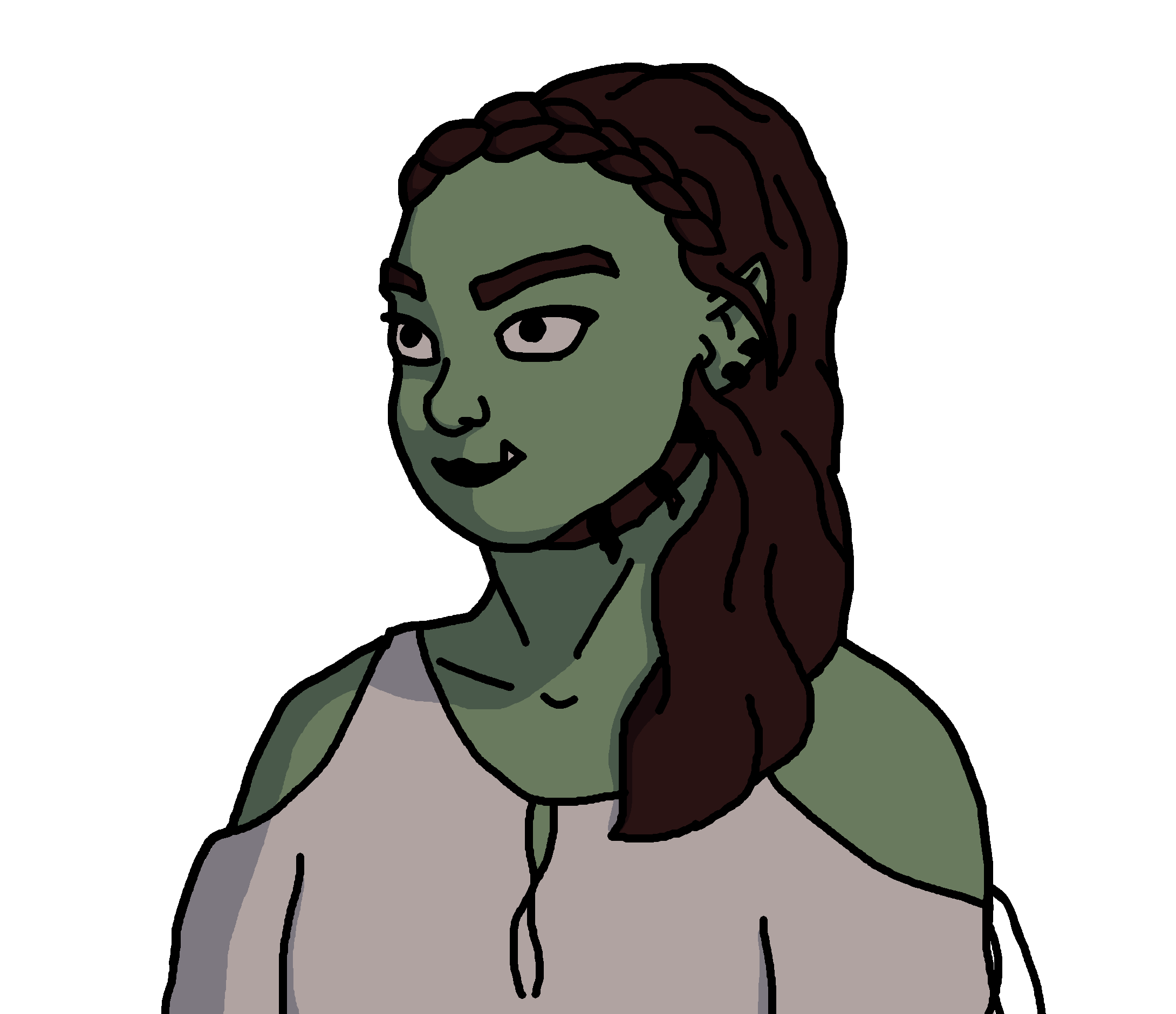 a digital drawing of a green woman with short tusks and mutton chops