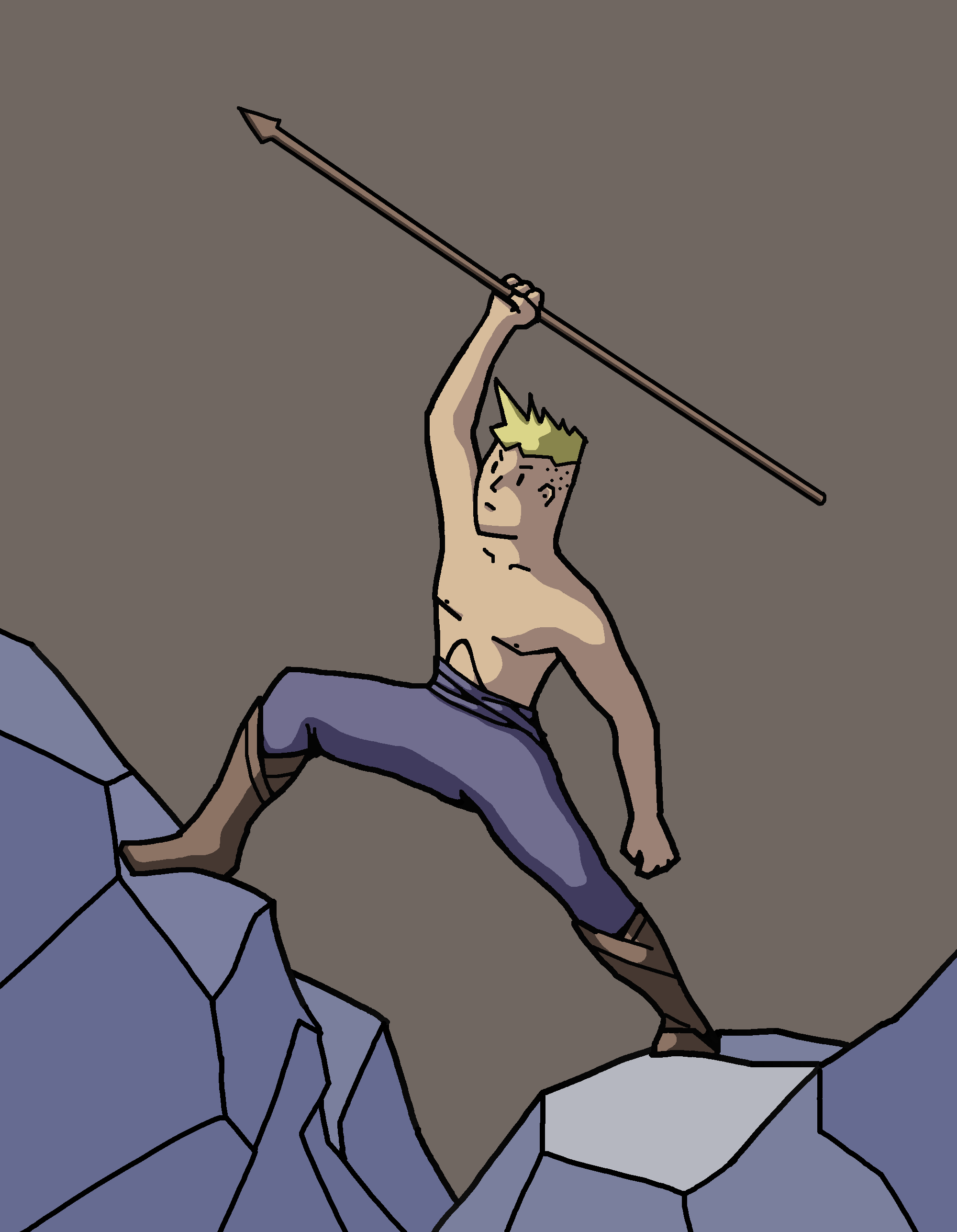 a digital drawing of a man with a spear stradling two rocks
