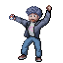 pixel art of an enthusiastic young boy in a jacket and graphic tee