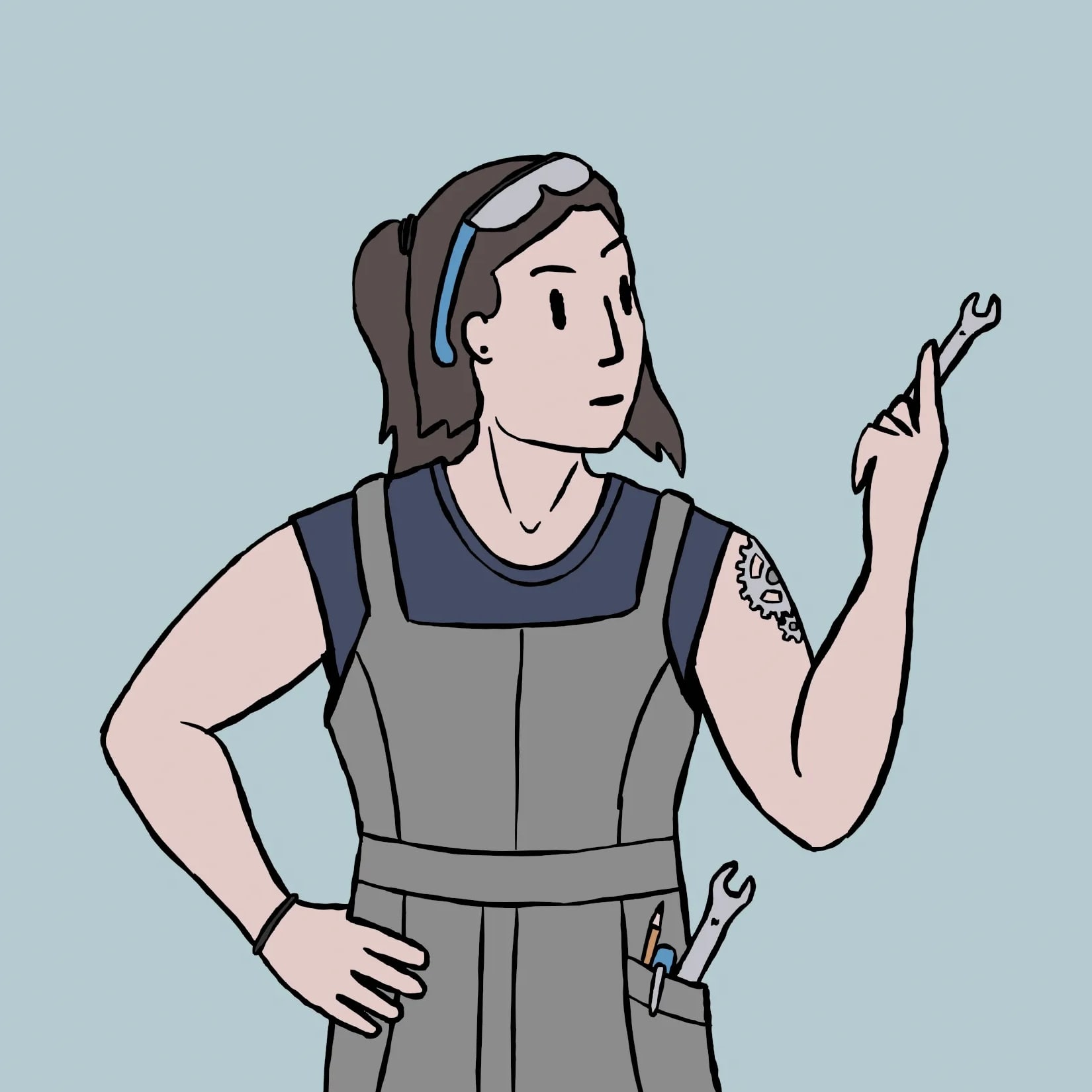 a digital drawing of a woman in overalls holding a wrench. She has more tools in her pocket.