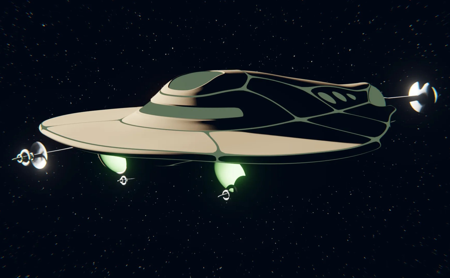 a 3D render of a stingray-inspired spaceship