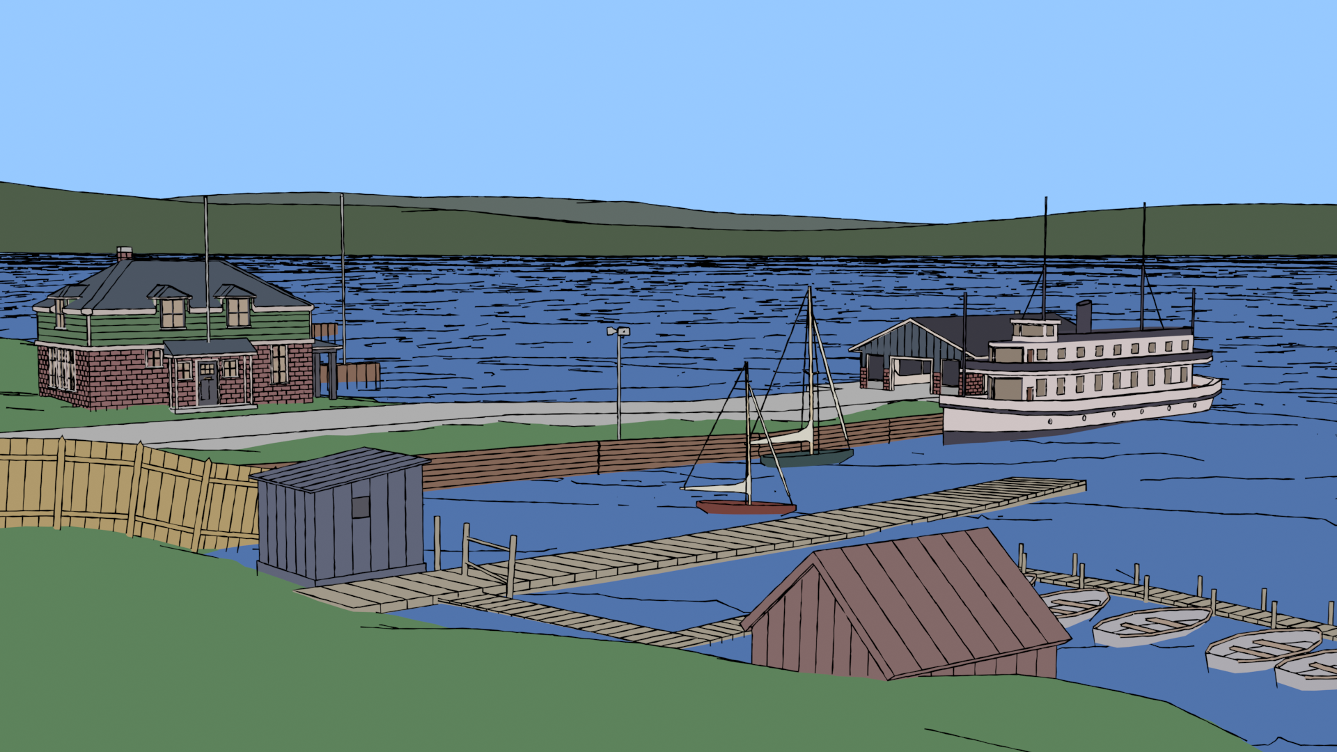 a cel-shaded render of harbor