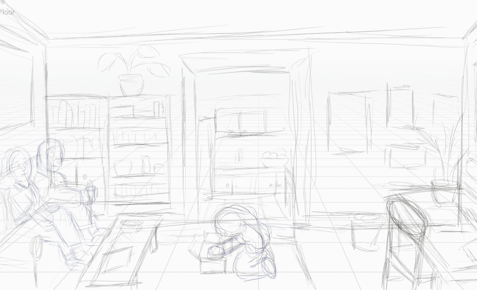 a digital sketch of a girl opening a box as her parents watch on