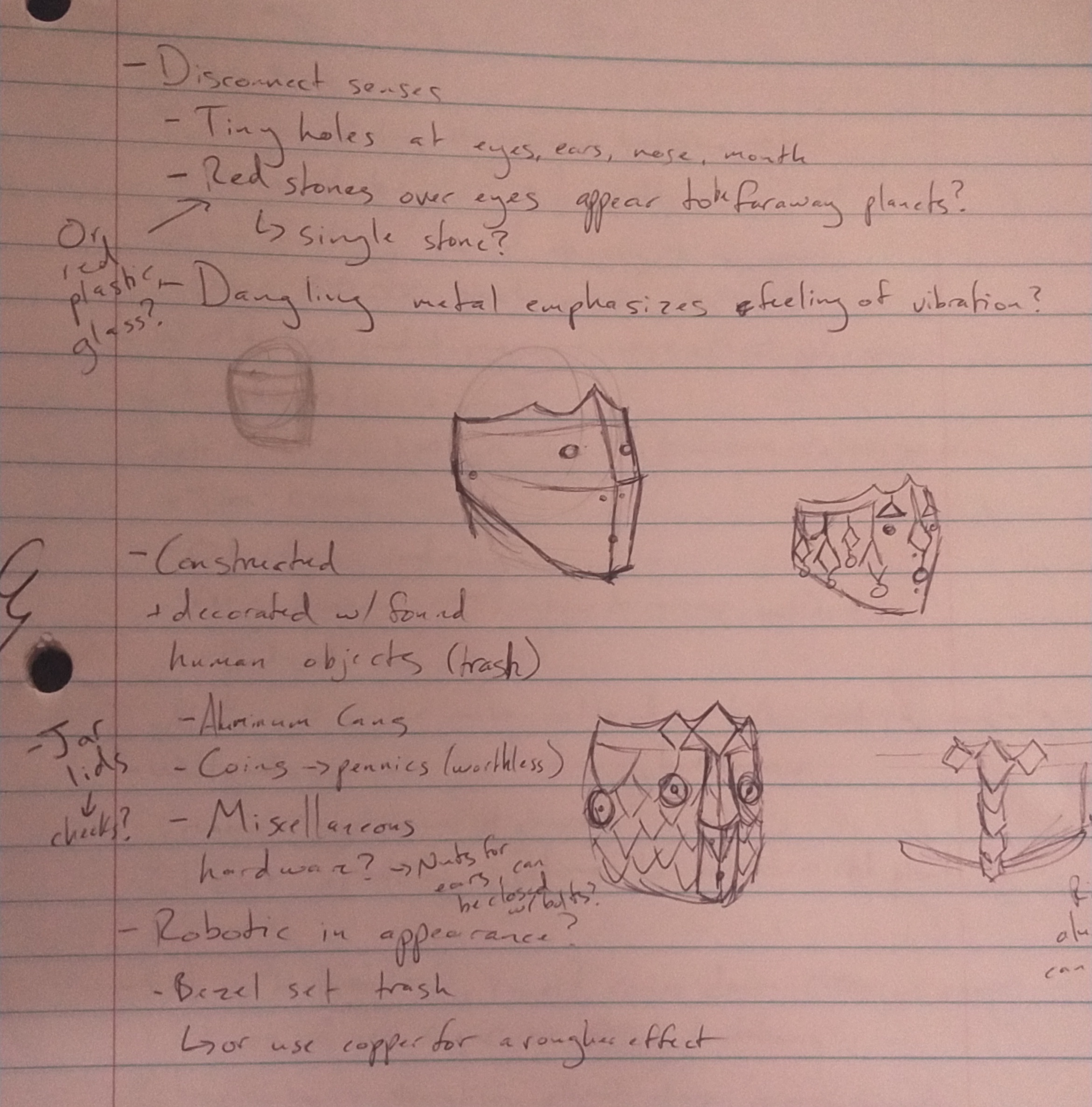 Rough drawings and notes for a mask. It is to be made from scrap materials and should limit the senses when worn.