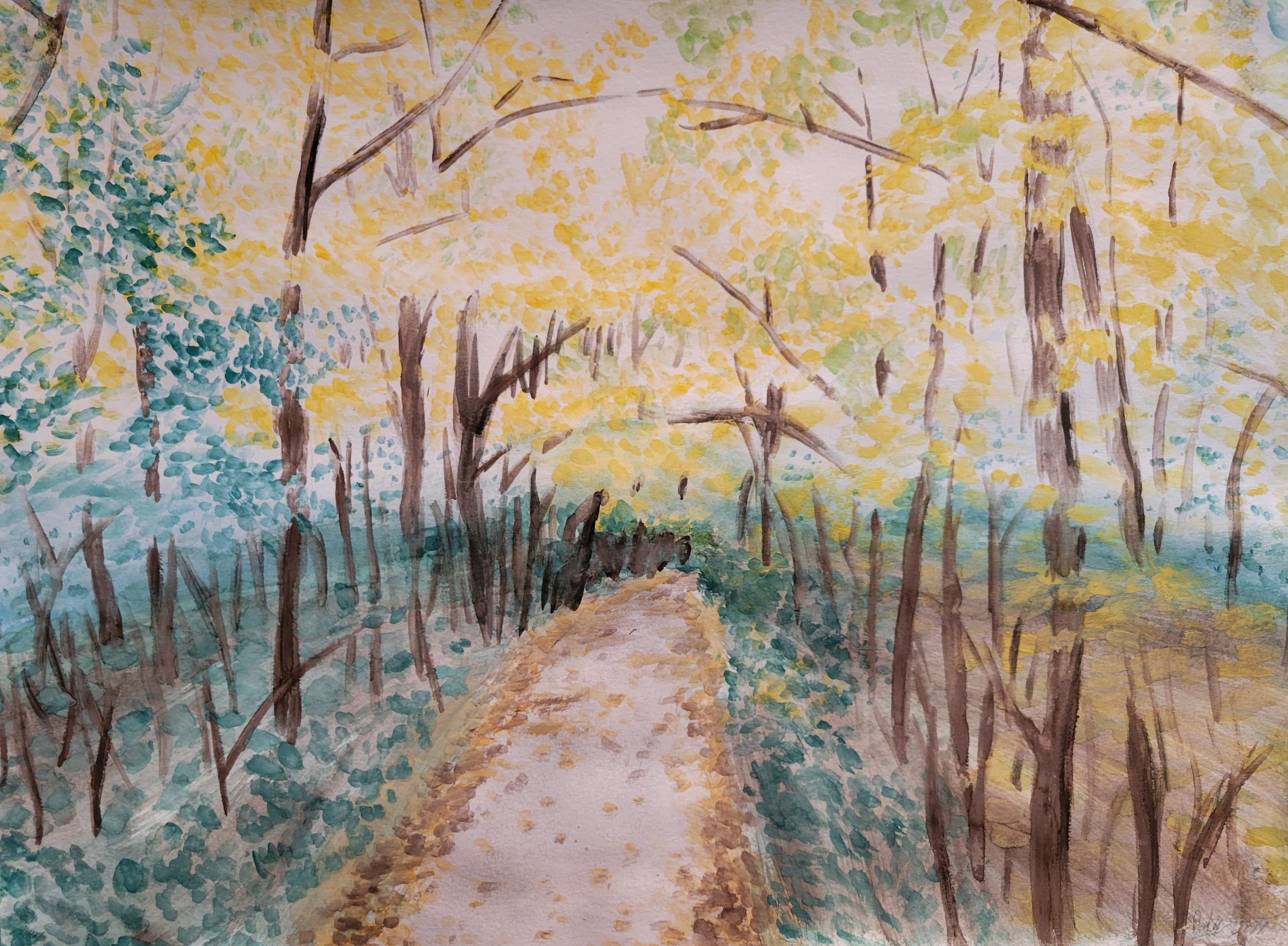 a watercolor painting of a bike trail in early fall