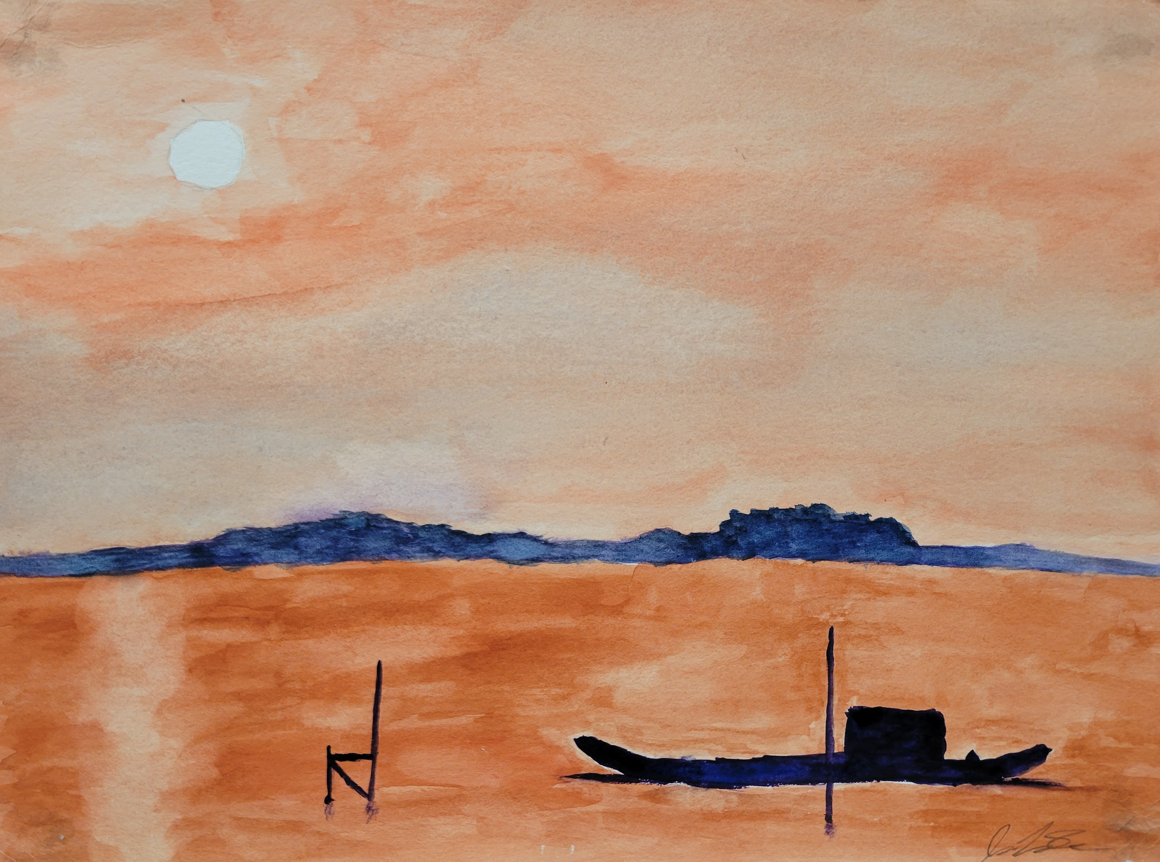 a watercolor painting of a harbor at sunset with mountains in the distance