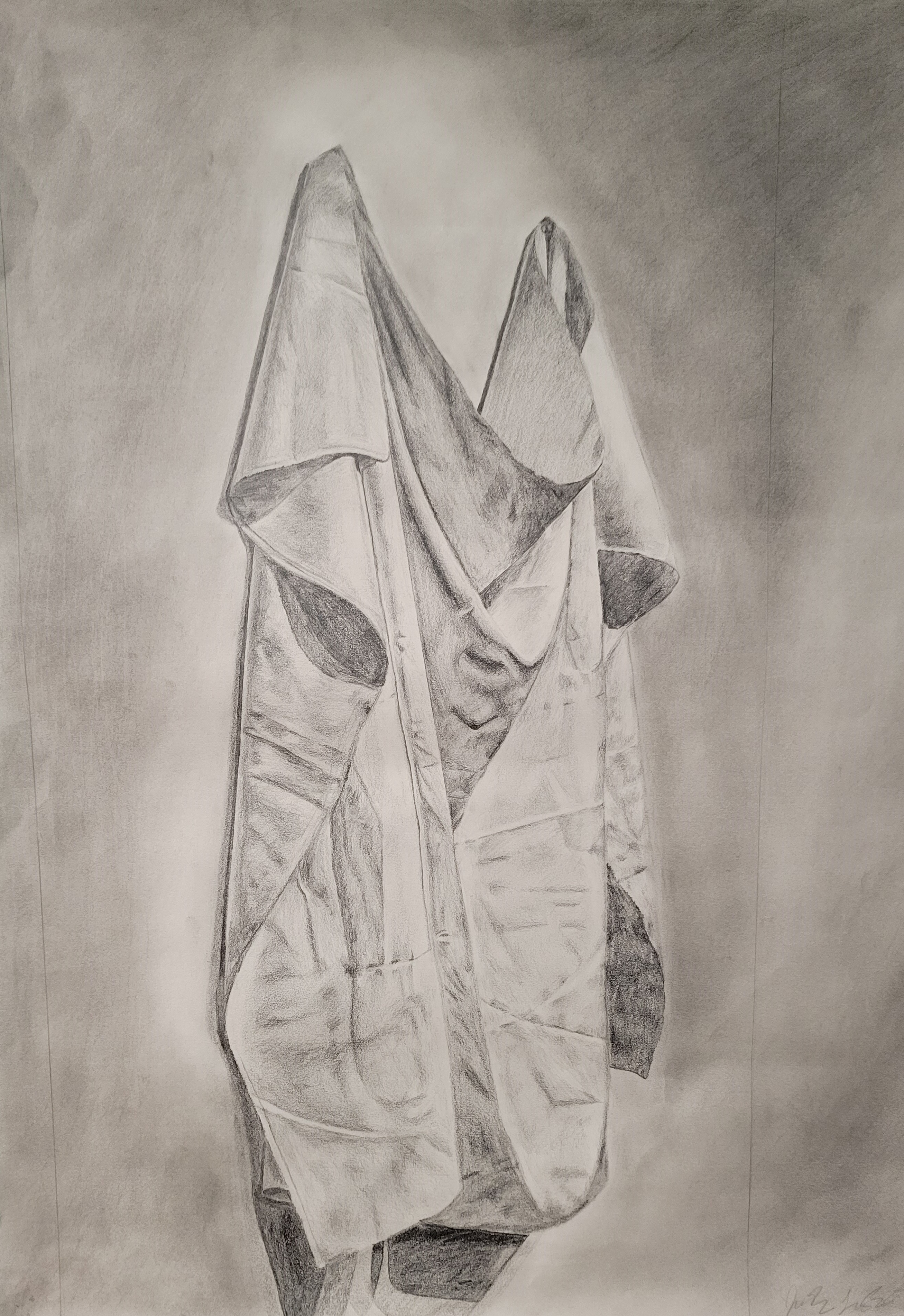 a sketch of a draped cloth, pinned to the wall in two places