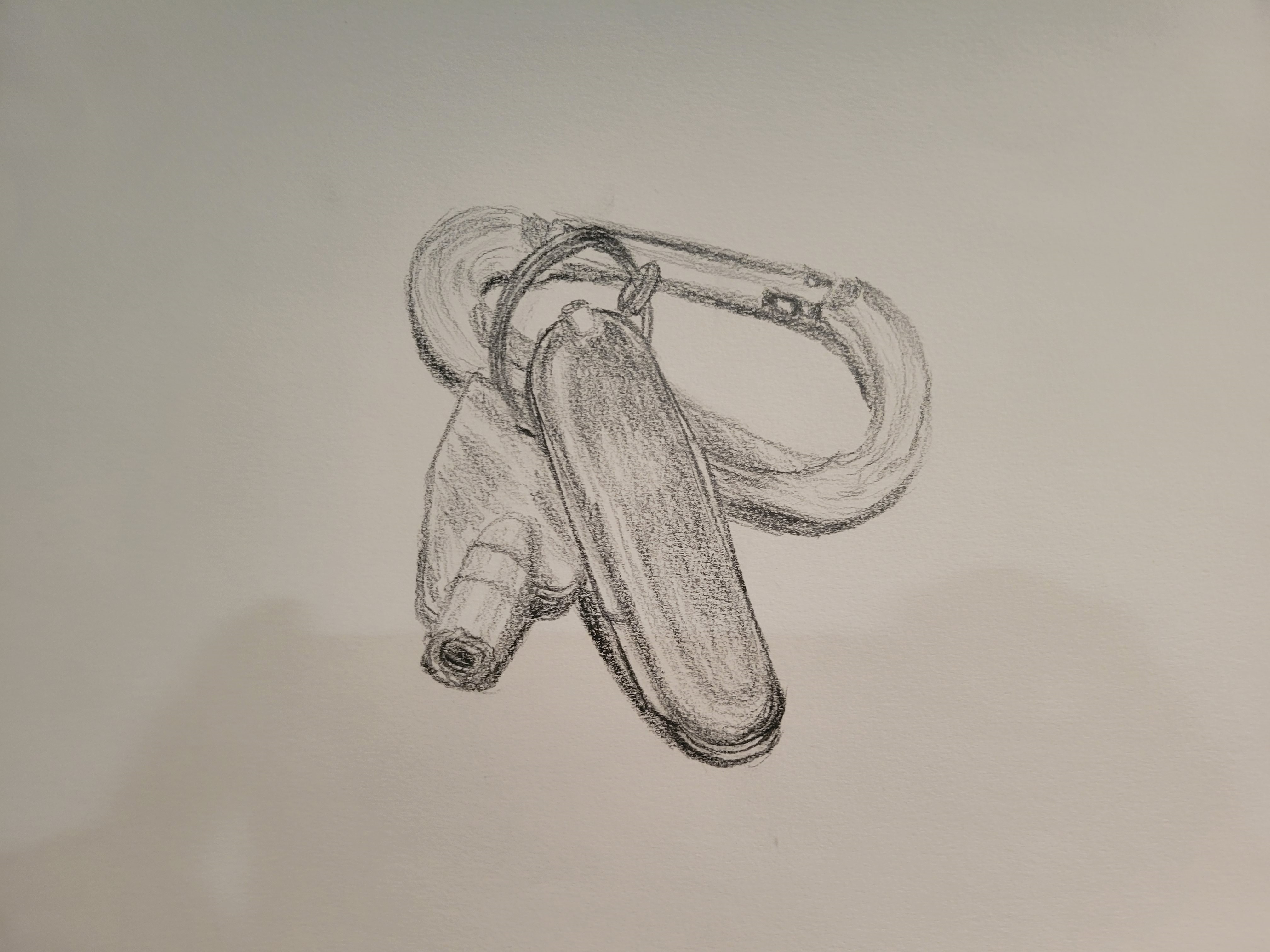 a sketch of some keys and a swiss army knife on a carabiner