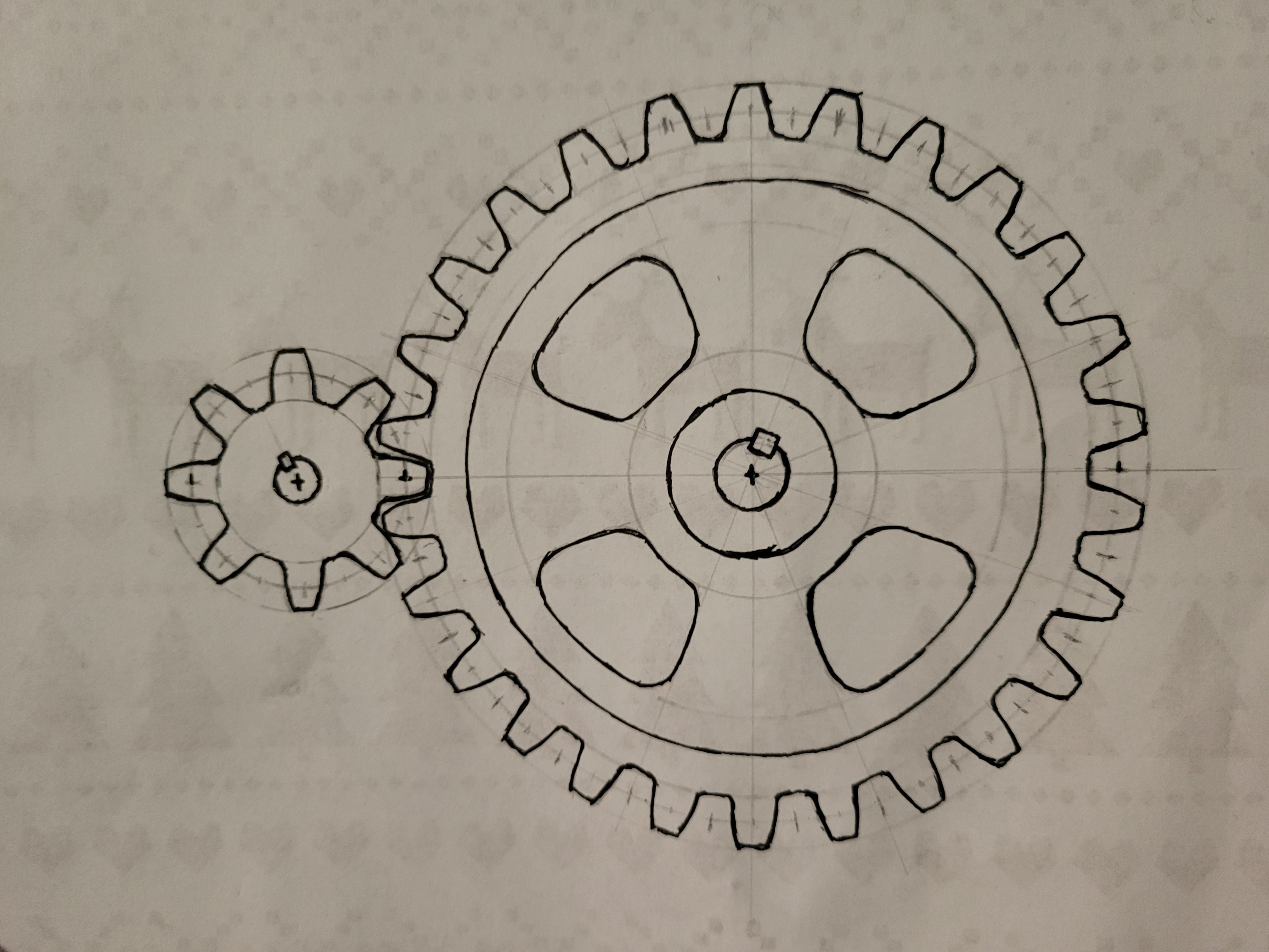 a pen drawing of a gear and pinion