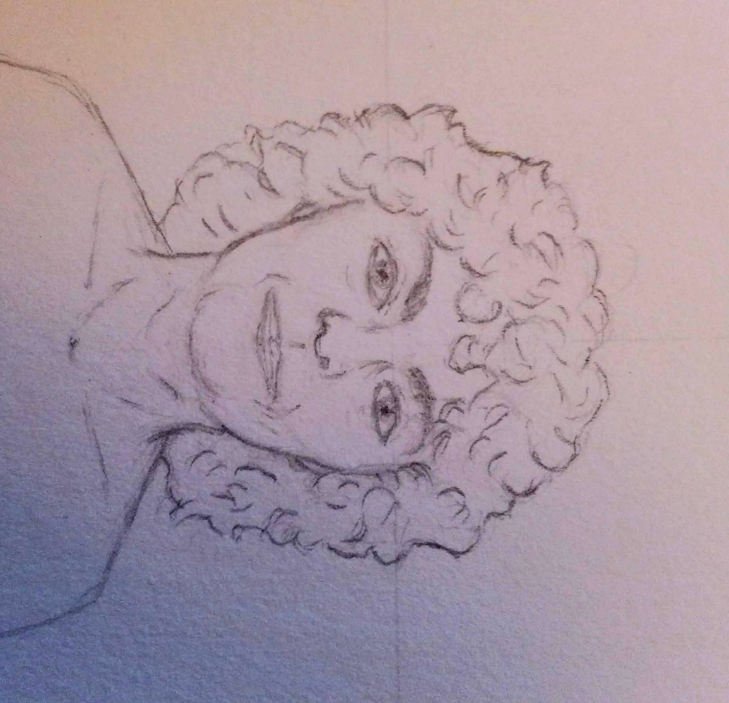 a sketch of a middle aged woman with curly hair