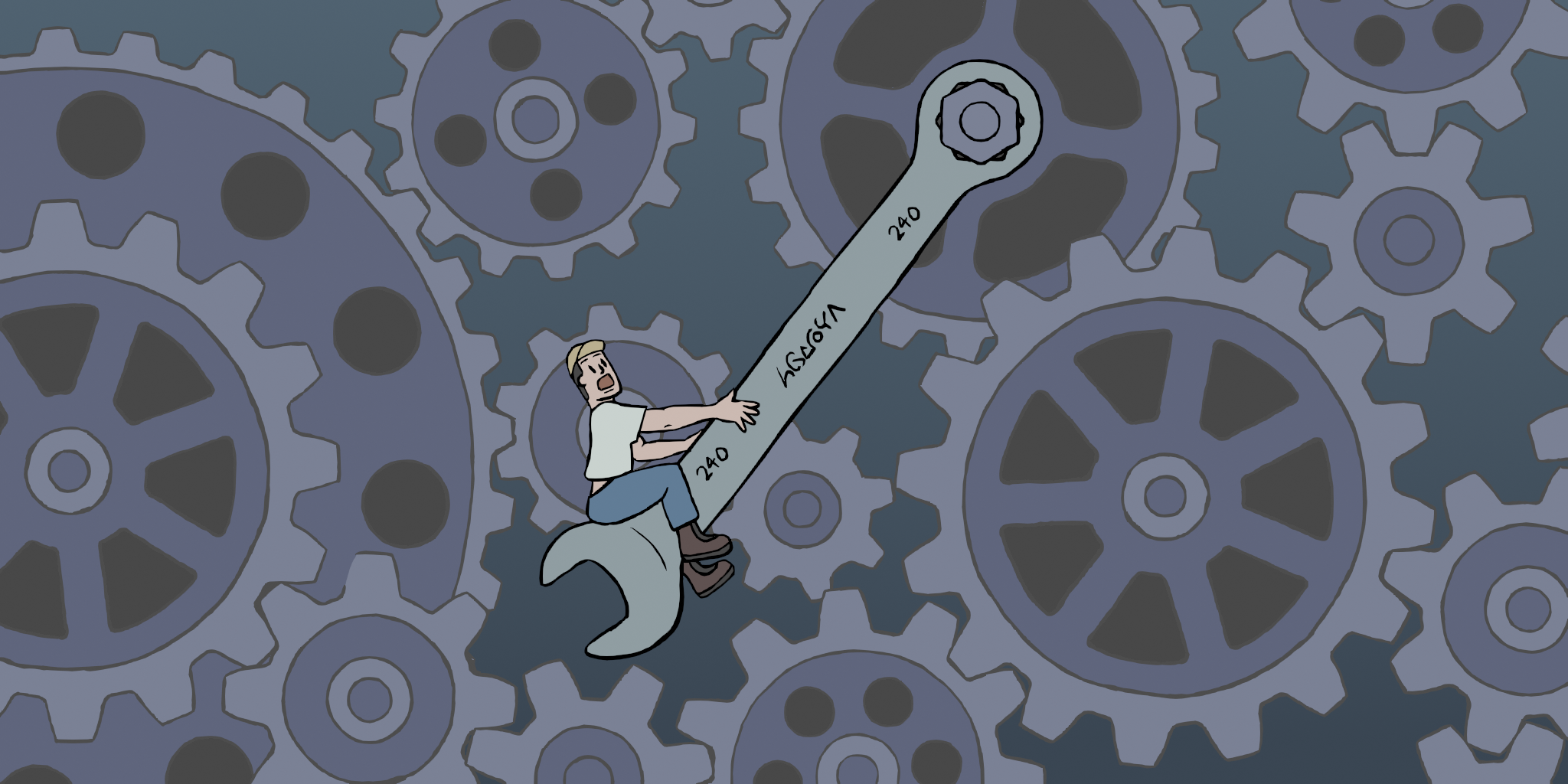 a digital drawing of a terrified mechanic swinging from a large wrench in a room full of gears