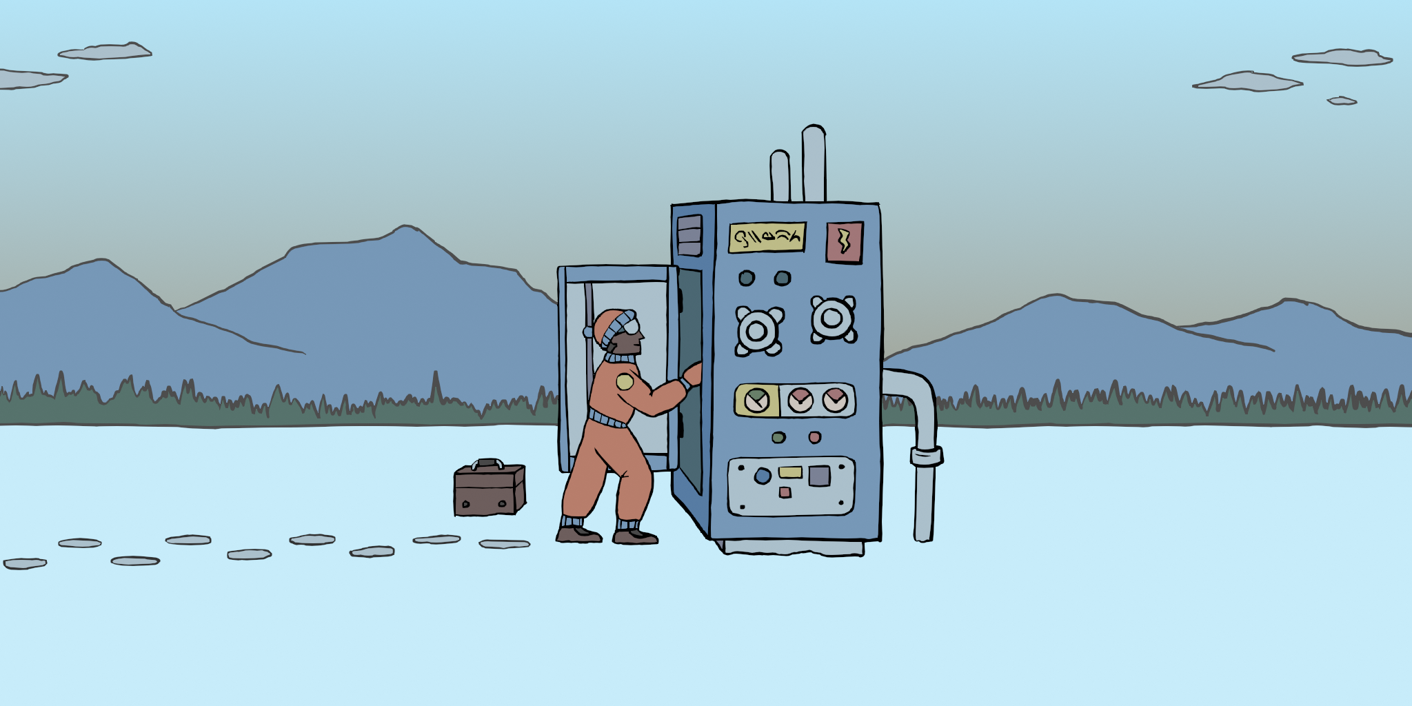 a digital drawing of a mechanic servicing a machine in a snowy fields