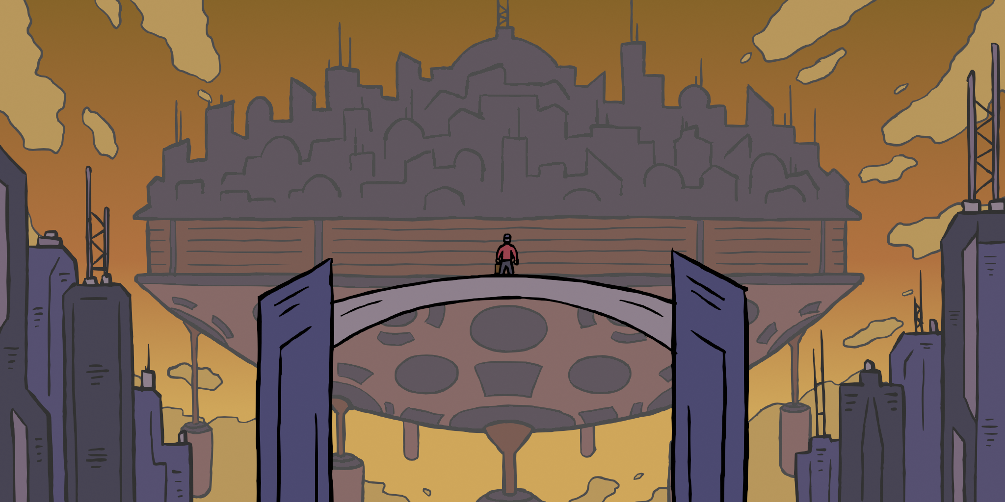 a digital drawing of a mechanic looking out on a floating city