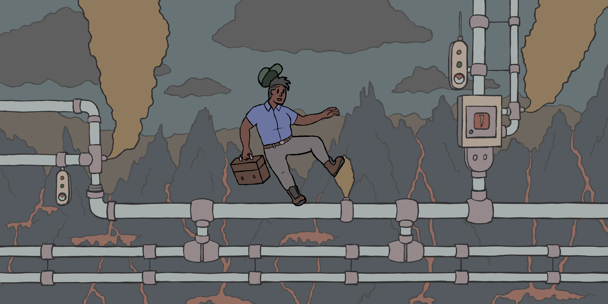 a digital drawing of a mechanic climbing across a pipe on a lava planet