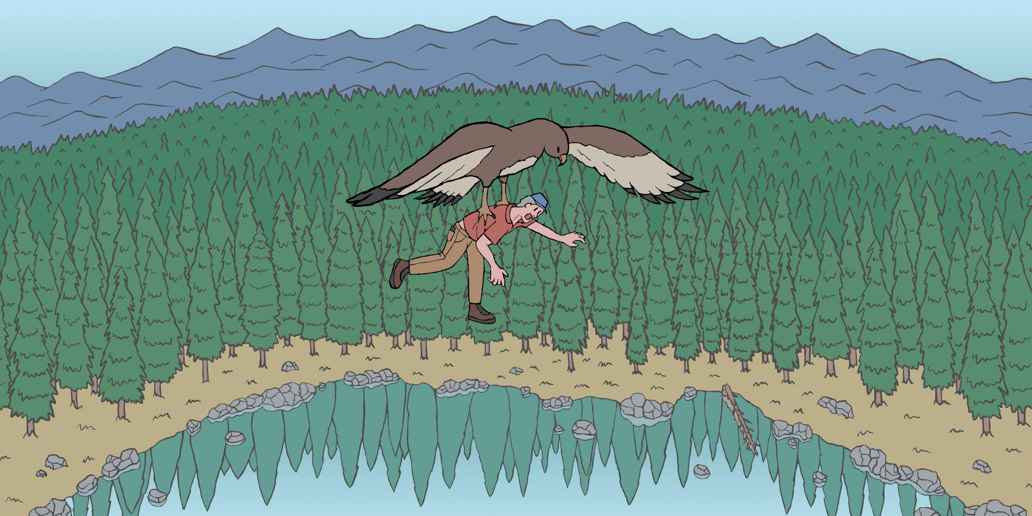 a digital drawing of a mechanic being carried away by a giant bird in front of a beautiful lake