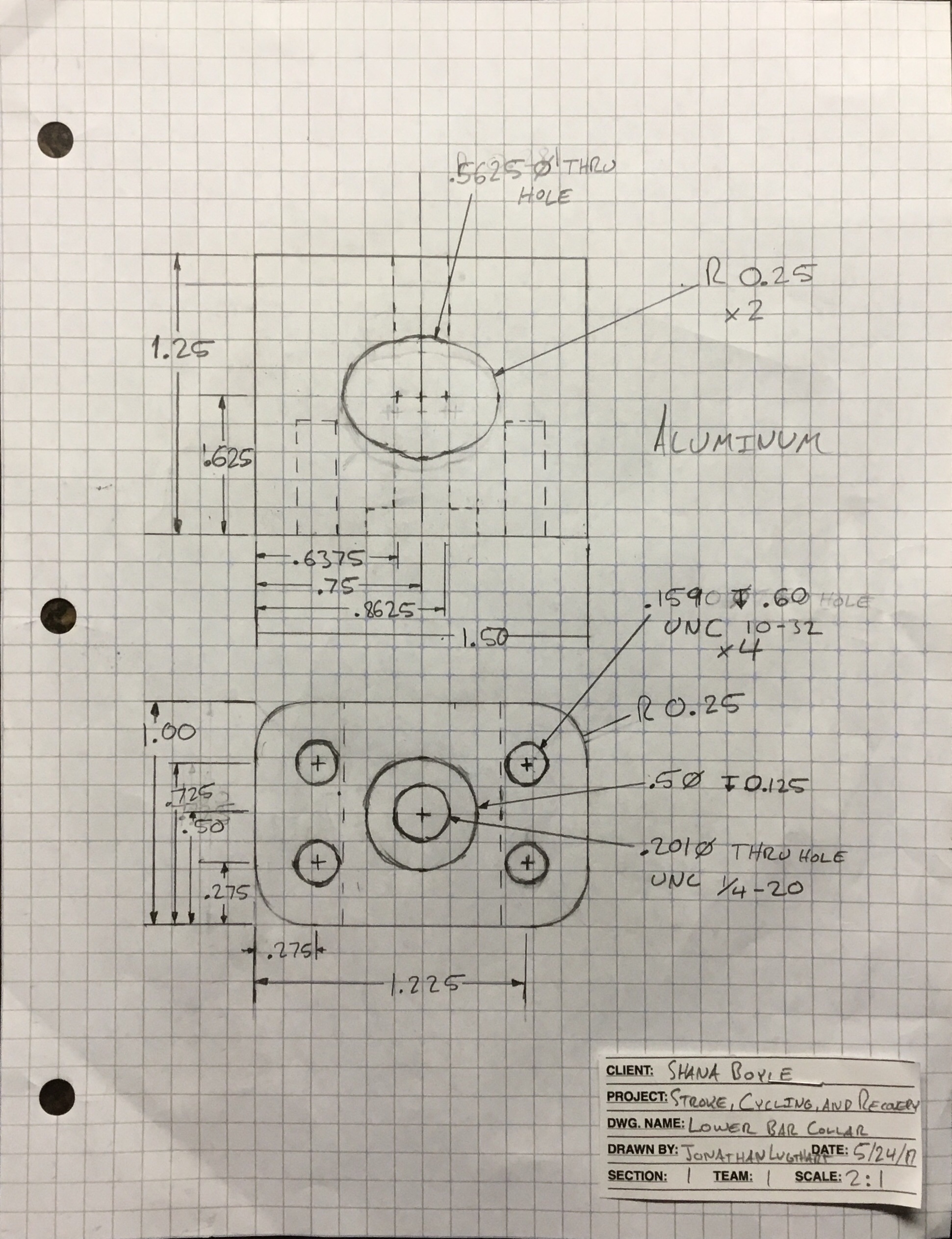 a projection drawing for the lower bar collar, which holds a leg strap onto the brace