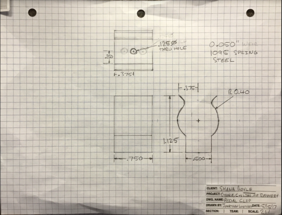 a projection drawing for the pedal clip, which attaches to the bike pedal and pedal bracket