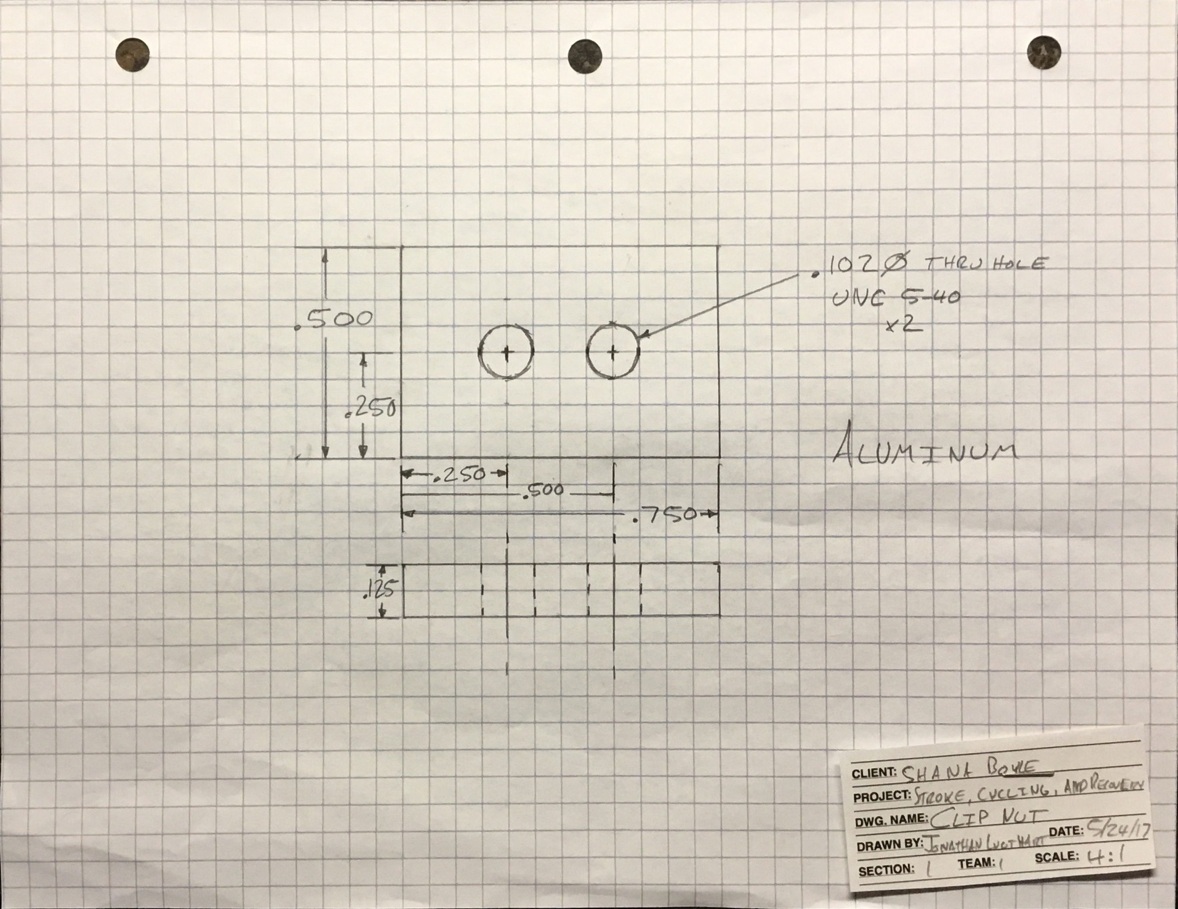 a projection drawing for the clip nut, which allows bolts to hold the pedal clip against the pedal bracket