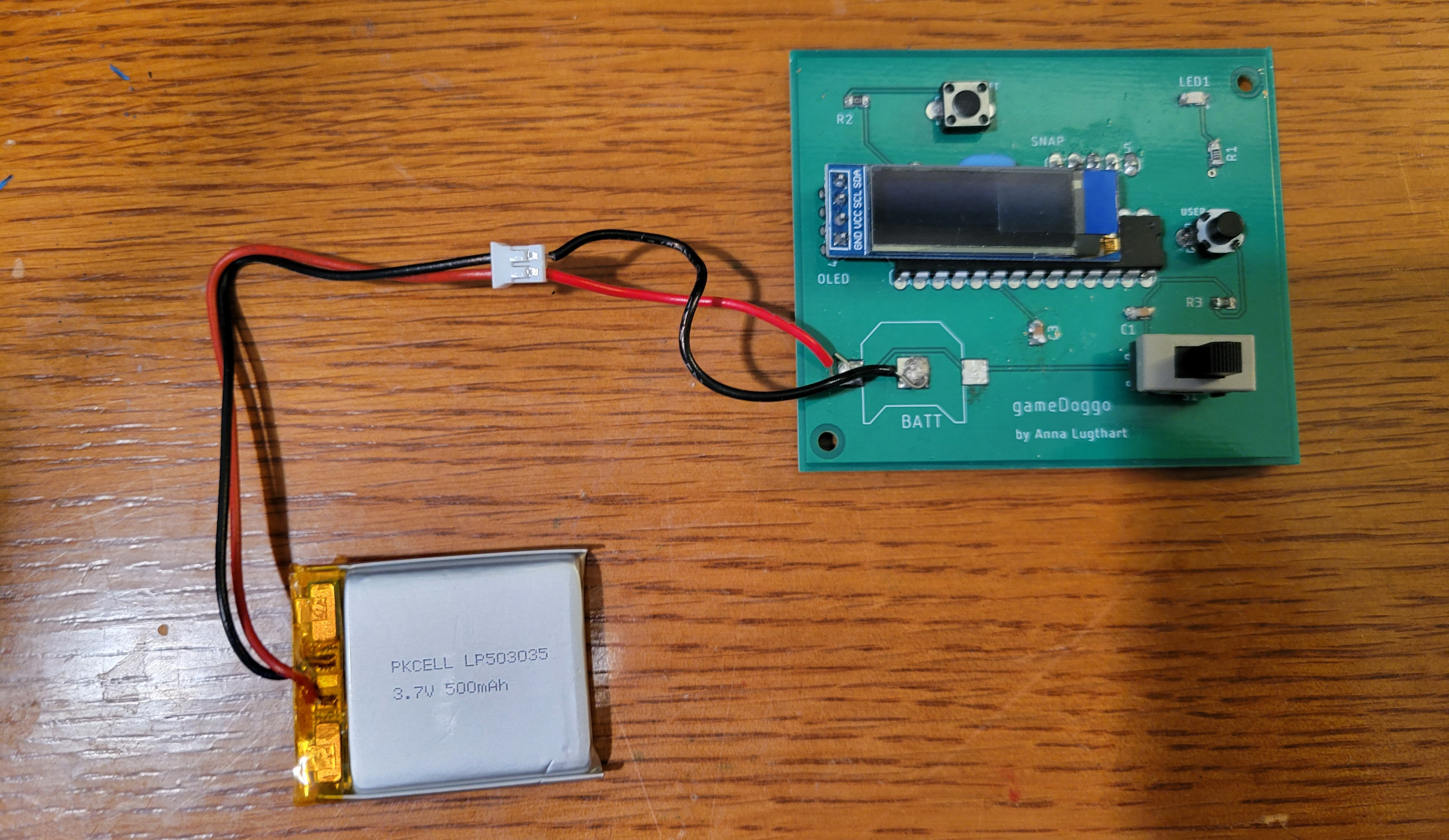 a game PCB powered by a LiPo battery, off