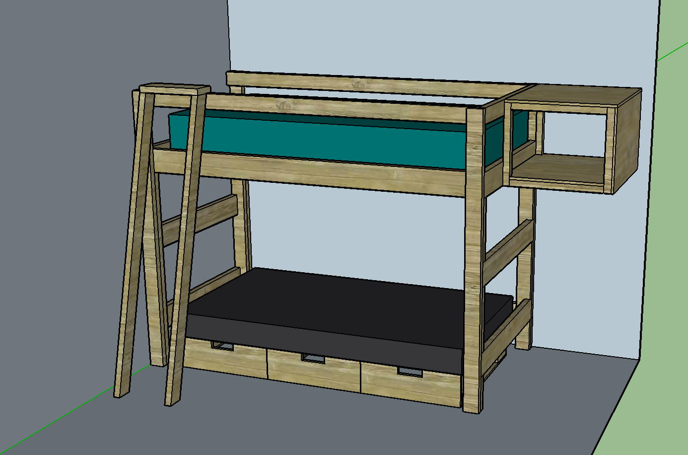 a CAD design of a lofted bed over a futon