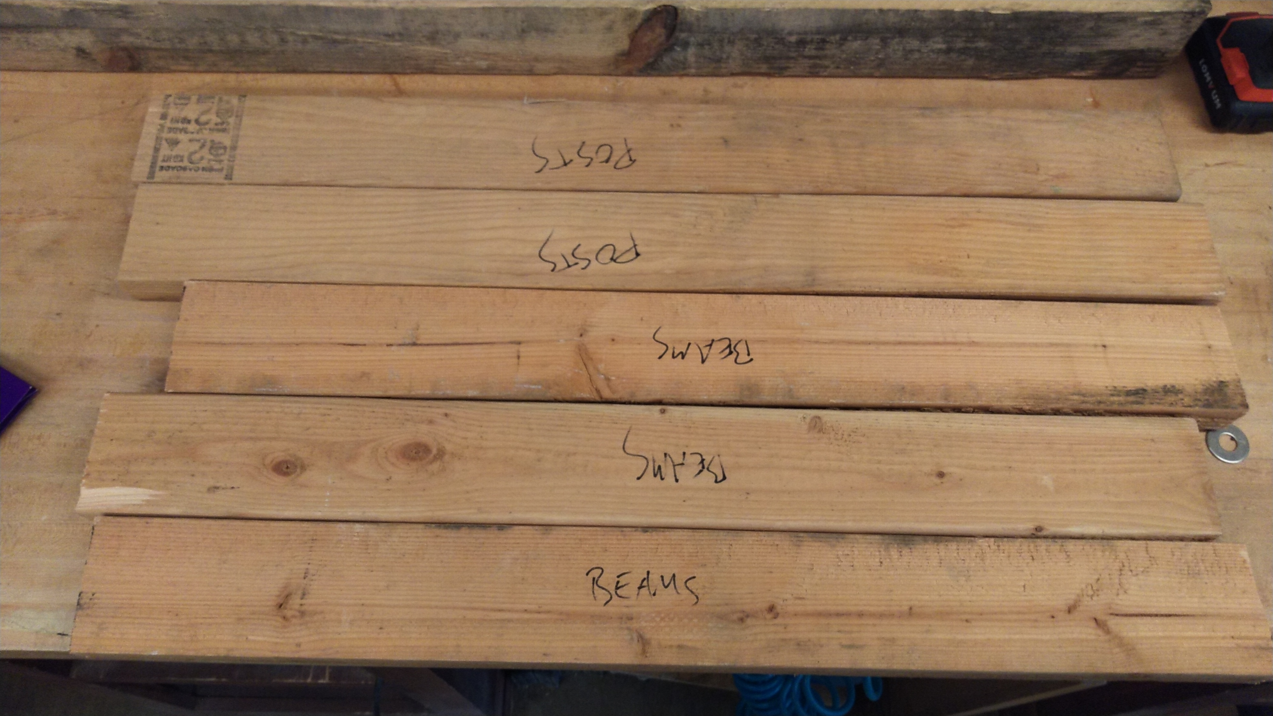 Five 2x4s, two labeled posts, two labeled beams