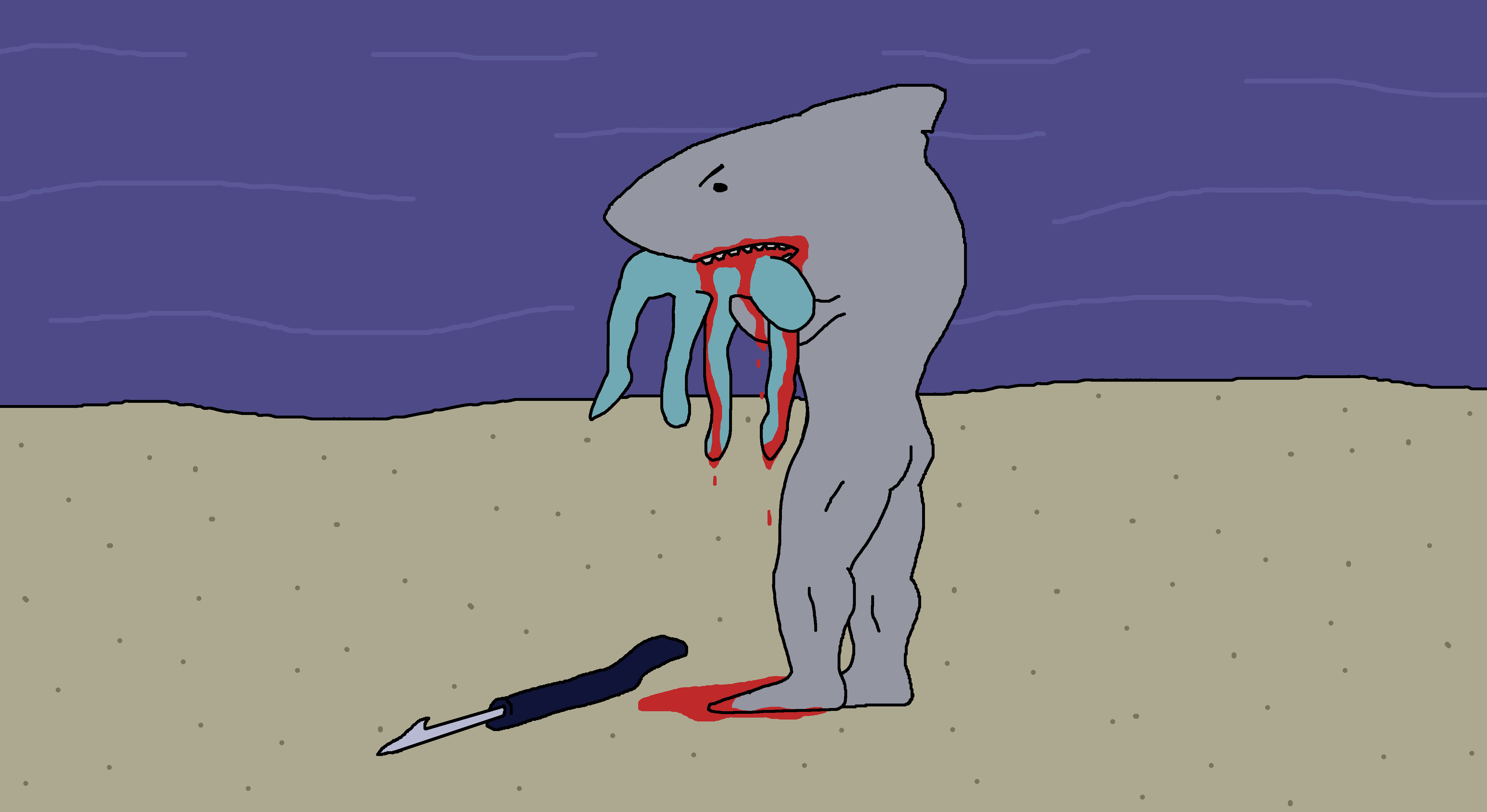 A man shark devours a blue man.