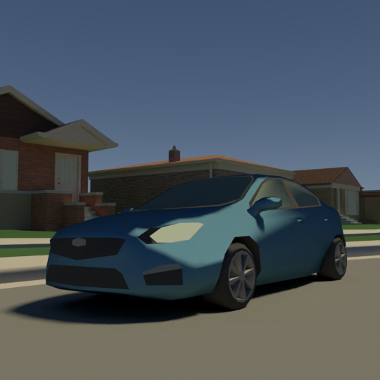 a 3D render of a car in front of some houses.