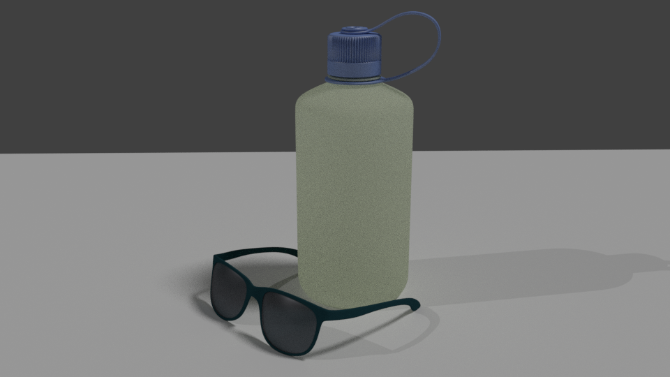 a 3D render of a waterbottle and sunglasses.
