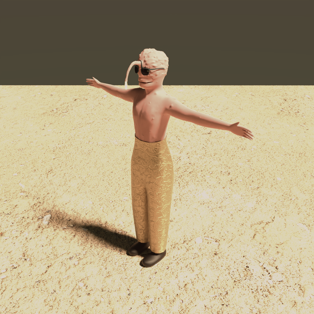 a 3D render of an anglerfish person wearing gold foil pants and sunglasses.