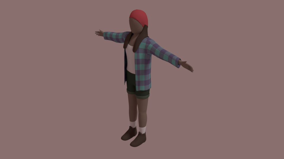 a 3D render of a woman wearing a tank top, flannel, and shorts.