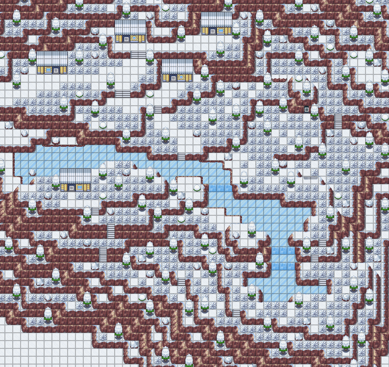a game map of a snowy mountain town, made in the style of an early 2000's Pokémon game