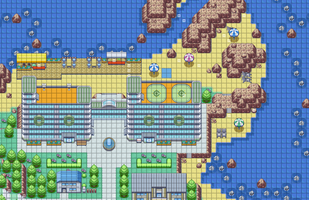 a game map of a beach town, made in the style of an early 2000's Pokémon game