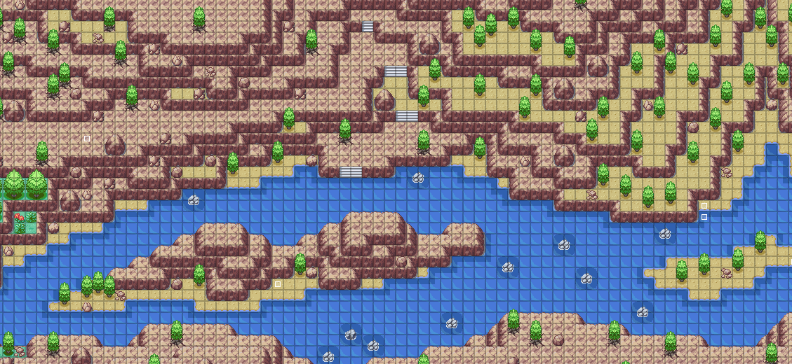 a game map of a canyon river, made in the style of an early 2000's Pokémon game