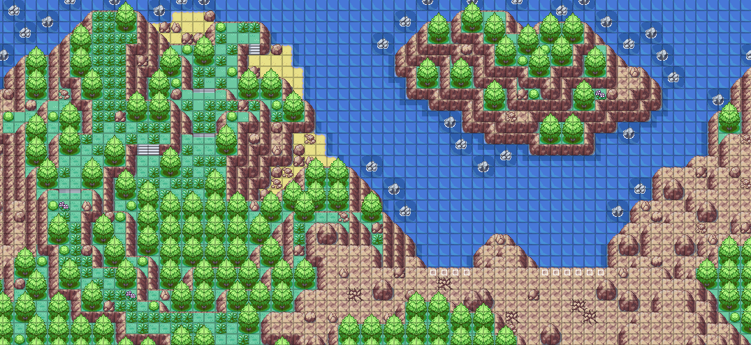 a game map of a wooded cove, made in the style of an early 2000's Pokémon game