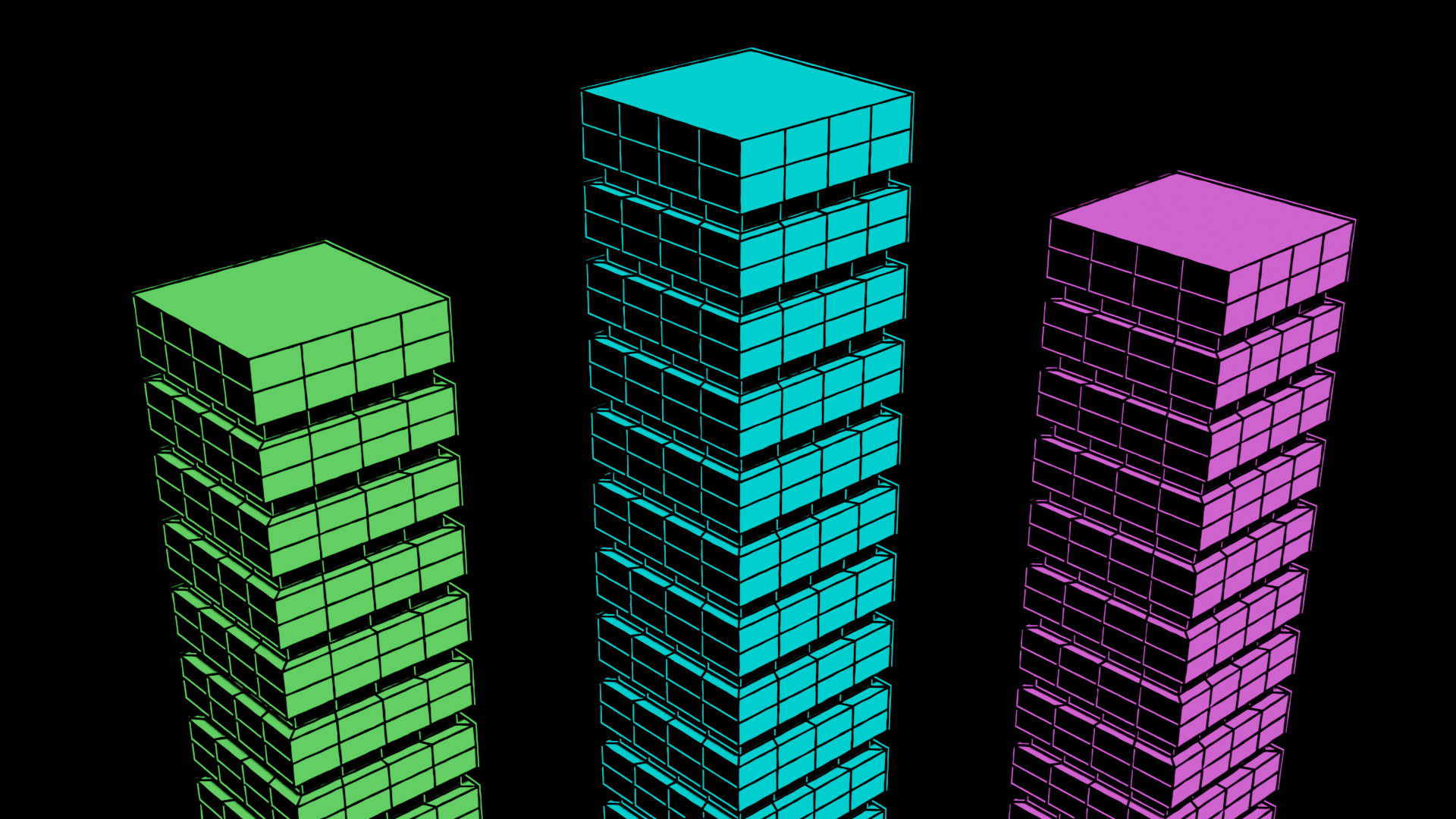 A stylized neon and black 3D render of buildings