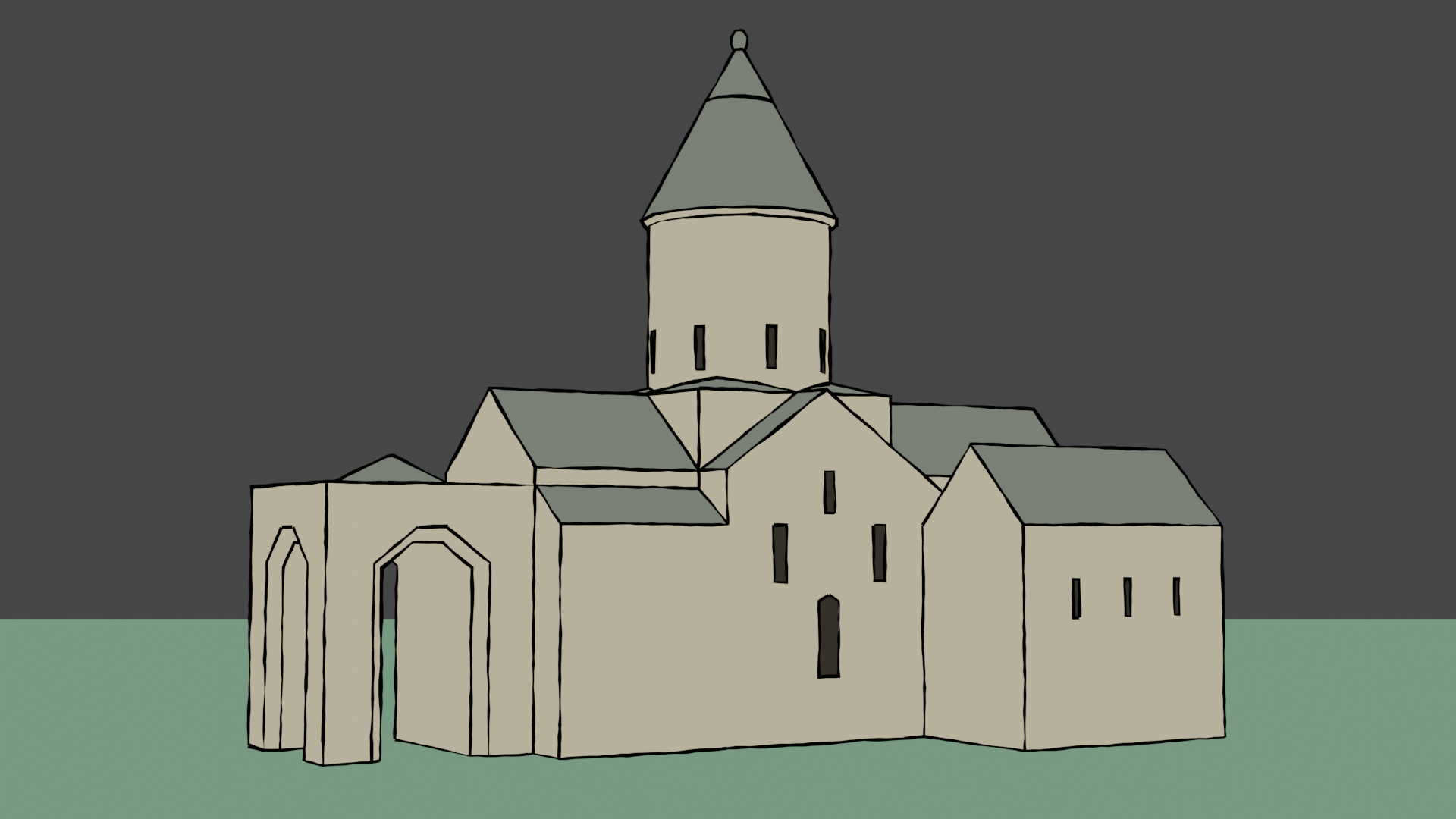A cel-shaded 3D render of a monastery building