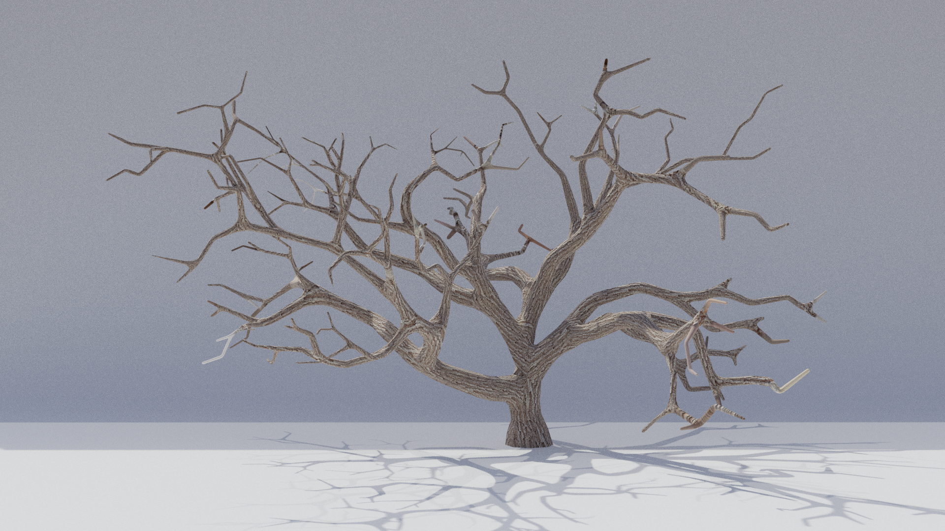 A 3D render of a dead tree on a white plane