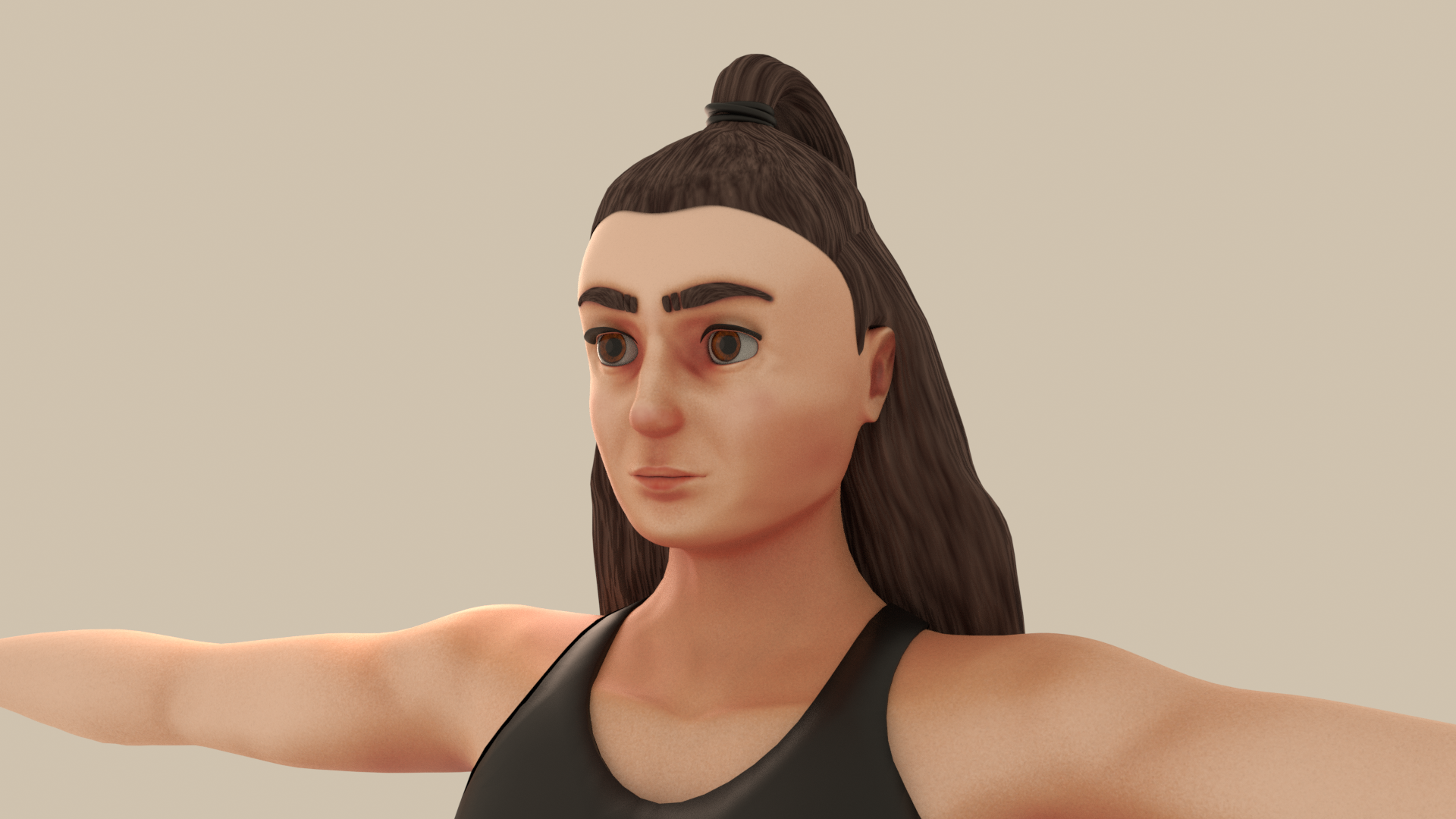 A 3D render of a stylized woman with a black tank-top and high pony tail