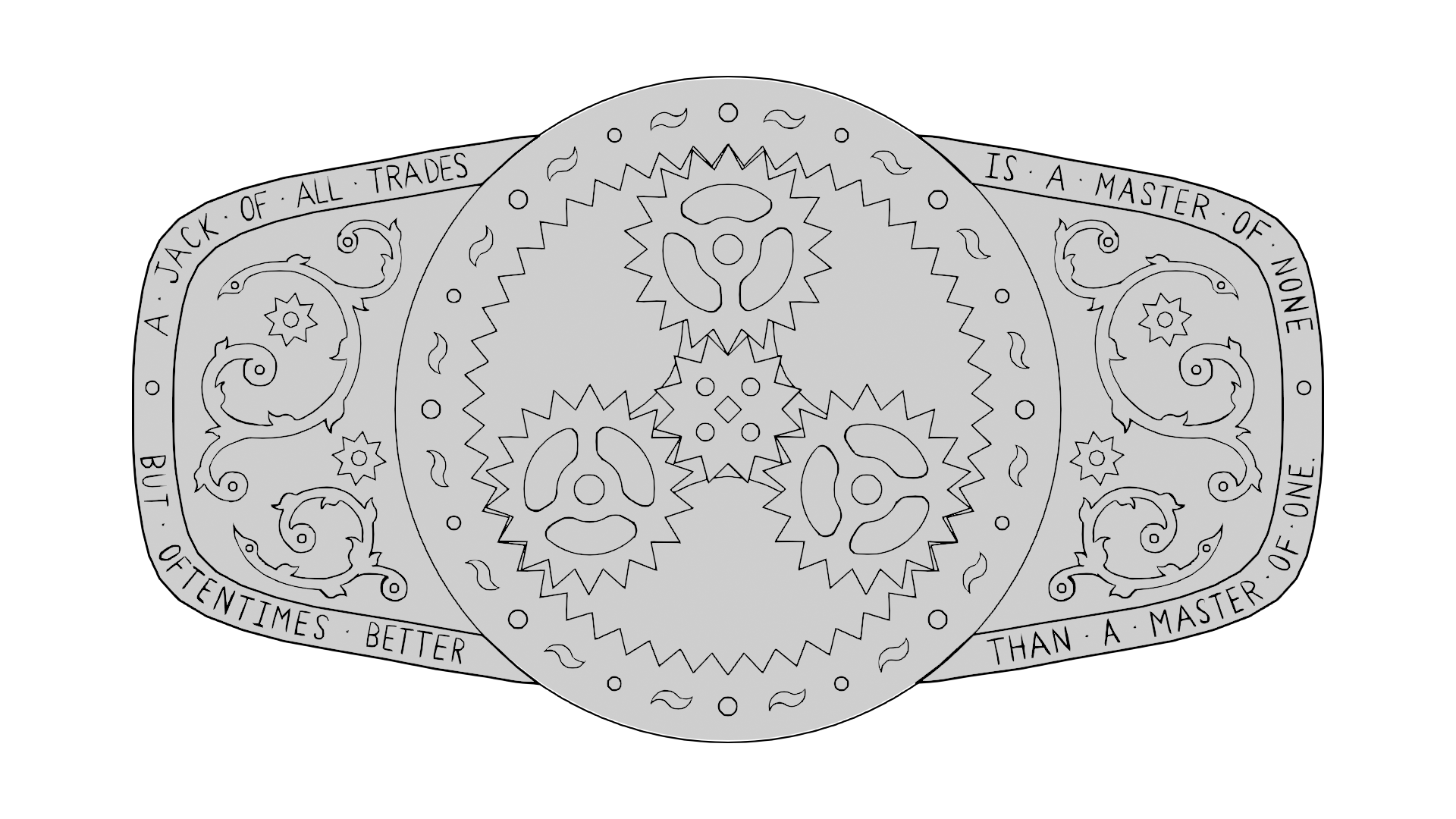 an ornate belt buckle with a set of planetary gears at its center.