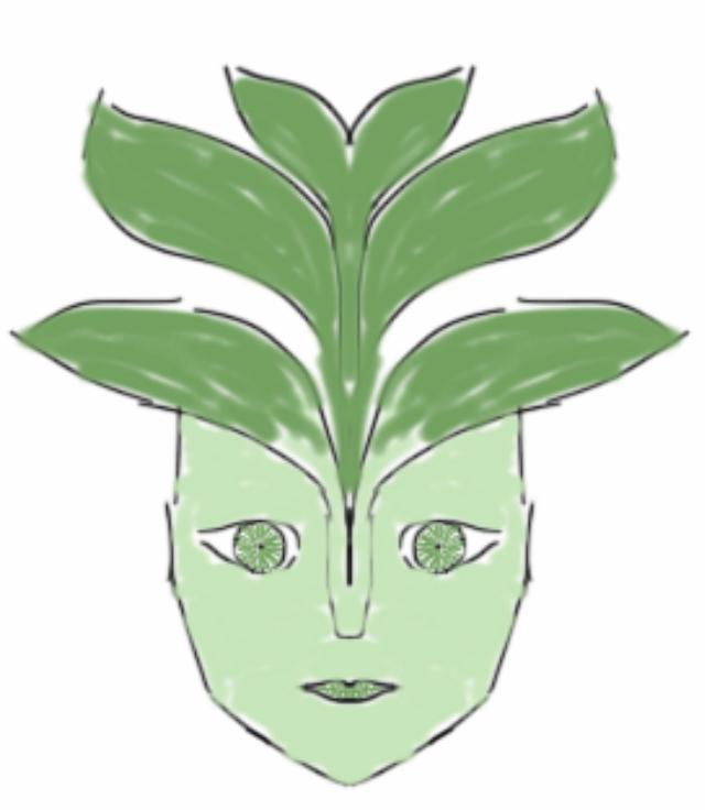 a drawing of a green face with leaves emerging from its forehead.